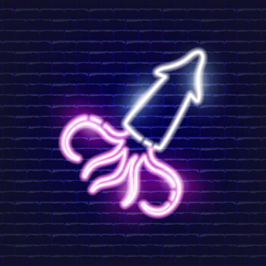 Kalamar neon ikonu. Mobil, web ve menü tasarımı için Parlayan Vektör illüstrasyon simgesi. Deniz ürünleri konsepti