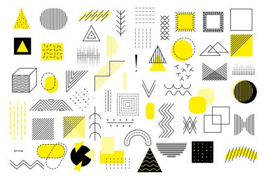 Tasarım için Memphis geometrik sarı elementleri. Web, satış, posterler, reklamlar, şablon, promosyon için vektör ilüstrasyonu