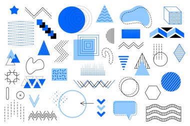 Tasarım için Memphis geometrik mavi elementleri. Web, satış, posterler, reklamlar, şablon, promosyon için vektör ilüstrasyonu