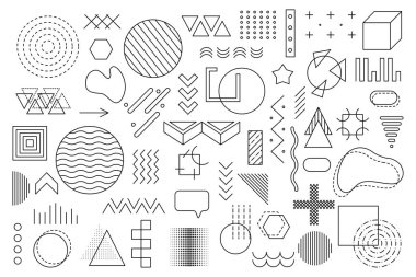 Tasarım için Memphis geometrik elementleri. Web, satış, posterler, reklamlar, şablon tanıtımı için vektör ilüstrasyonu