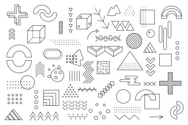 Tasarım için Memphis geometrik elementleri. Web, satış, posterler, reklamlar, şablon tanıtımı için vektör ilüstrasyonu