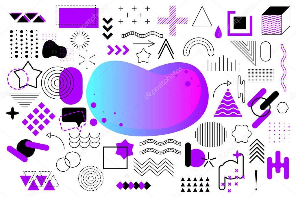 Memphis geometric lilac elements for design. Vector illustration for web, sale, posters, advertising, template, promotion