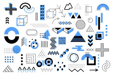 Tasarım için Memphis geometrik mavi elementleri. Web, satış, posterler, reklamlar, şablon, promosyon için vektör ilüstrasyonu