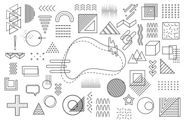 Tasarım için Memphis geometrik elementleri. Web, satış, posterler, reklamlar, şablon tanıtımı için vektör ilüstrasyonu