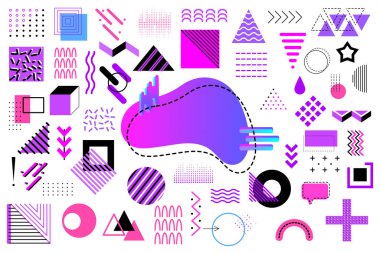 Memphis geometrik leylak gradyanı, kopya alanı ve tasarım için elementler. Web, satış, posterler, reklamlar, şablon, promosyon için vektör ilüstrasyonu