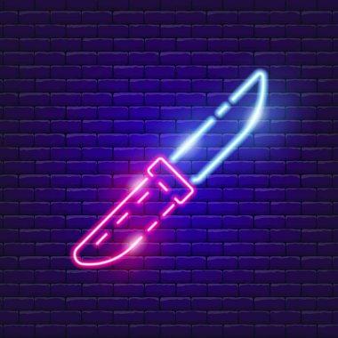 Neon bıçak ikonu. Reklam, web sitesi, promosyon, afiş, broşür tasarımı için vektör illüstrasyonu. Yürüyüş kavramı, seyahat kampı