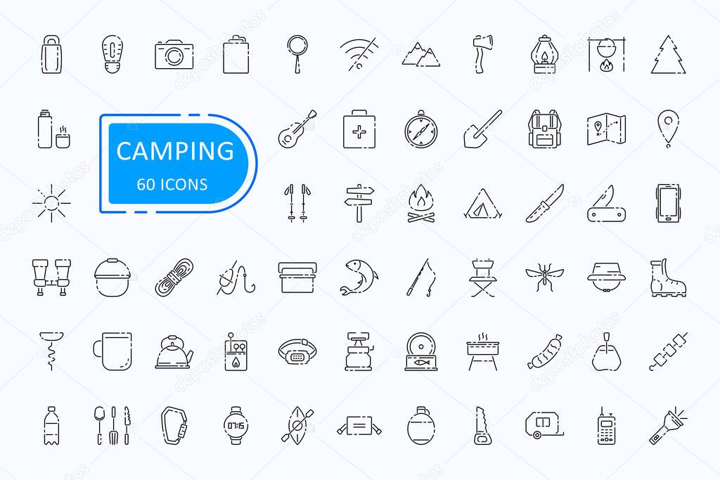 Camping outline icon set. Hike, tourism, fishing, hitchhiking, climbing, picnic signs. Vector illustration for web design, logo, promotion advertising Summer tourism concept