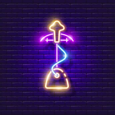 Buharlı demir neon ışığı. Tasarım için vektör illüstrasyonu. Ev ödevi konsepti. Ev için parıldayan ev aletleri simgesi