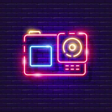 Aksiyon kamerası neon ışığı. Tasarım için vektör illüstrasyonu. Fotoğraf konsepti. Seyahat aleti