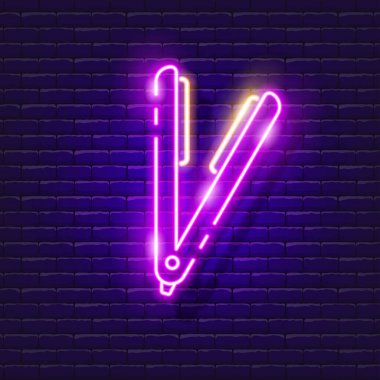 Saç düzleştirici neon ışığı. Tasarım için vektör illüstrasyonu. Saç bakım ekipmanları. Güzellik salonu konsepti