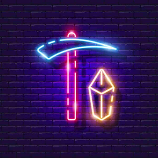 Pickaxe Crystal Neon Sign Geology Lesson Glowing Sign Vector Illustration — Vettoriale Stock