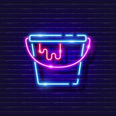 Boya kovası neon ikonu. Tasarım için vektör illüstrasyonu. Parlayan tabelayı tamir et. İnşaat araçları kavramı