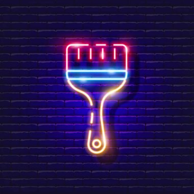 Boya fırçası neon ikonu inşa ediliyor. Tasarım için vektör illüstrasyonu. Parlayan tabelayı tamir et. İnşaat araçları kavramı