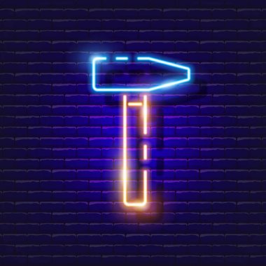 Çekiç neon ikonu. Tasarım için vektör illüstrasyonu. Parlayan tabelayı tamir et. İnşaat araçları kavramı