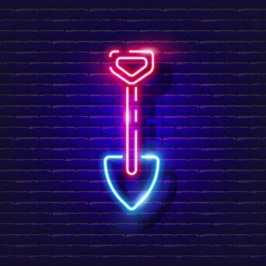 İnşaat küreği neon ikonu. Tasarım için vektör illüstrasyonu. Parlayan tabelayı tamir et. İnşaat araçları kavramı