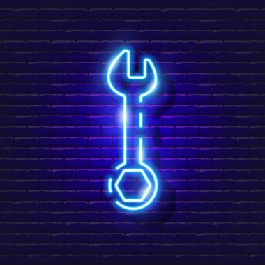 Neon simgesini çöz. Tasarım için vektör illüstrasyonu. Parlayan tabelayı tamir et. İnşaat araçları kavramı