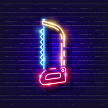 Metal neon ikon için testere. Tasarım için vektör illüstrasyonu. Parlayan tabelayı tamir et. İnşaat araçları kavramı