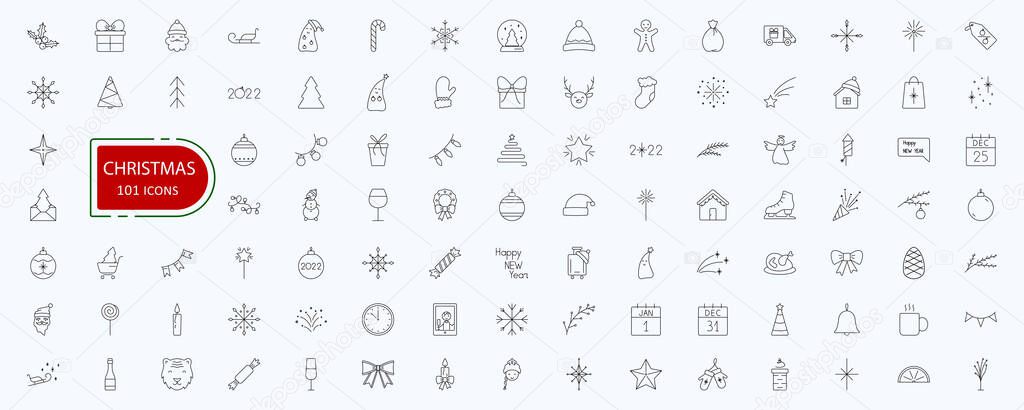 New Year icons big set. Christmas signs line art. Vector illustration for design. Christmas and New Year concept