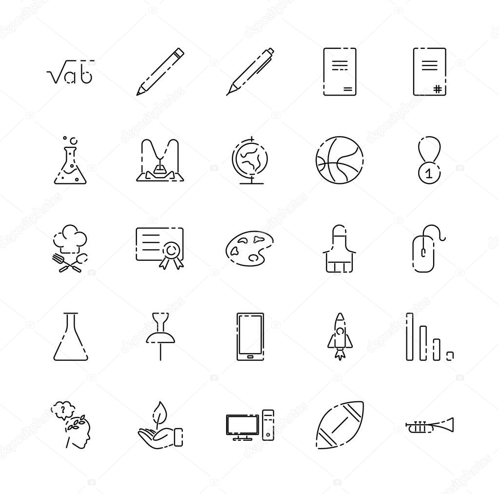 School set of linear icons. Study, science, school, university, distance learning, e-learning sign. Vector illustration for design, website, advertising. School concept