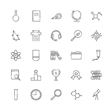 Okul serisi doğrusal simgeler. Eğitim, fen, okul, üniversite, uzaktan öğrenme, e-öğrenme işareti. Tasarım, web sitesi, reklam için vektör illüstrasyonu. Okul kavramı