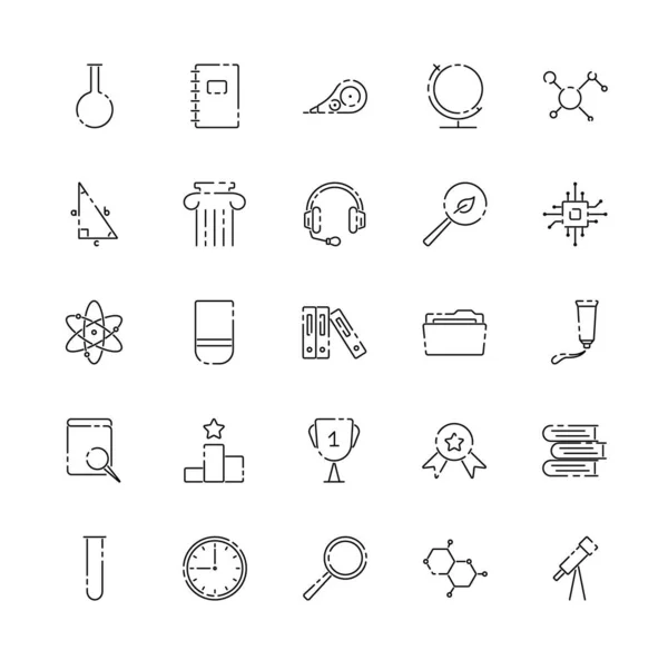 Okul serisi doğrusal simgeler. Eğitim, fen, okul, üniversite, uzaktan öğrenme, e-öğrenme işareti. Tasarım, web sitesi, reklam için vektör illüstrasyonu. Okul kavramı