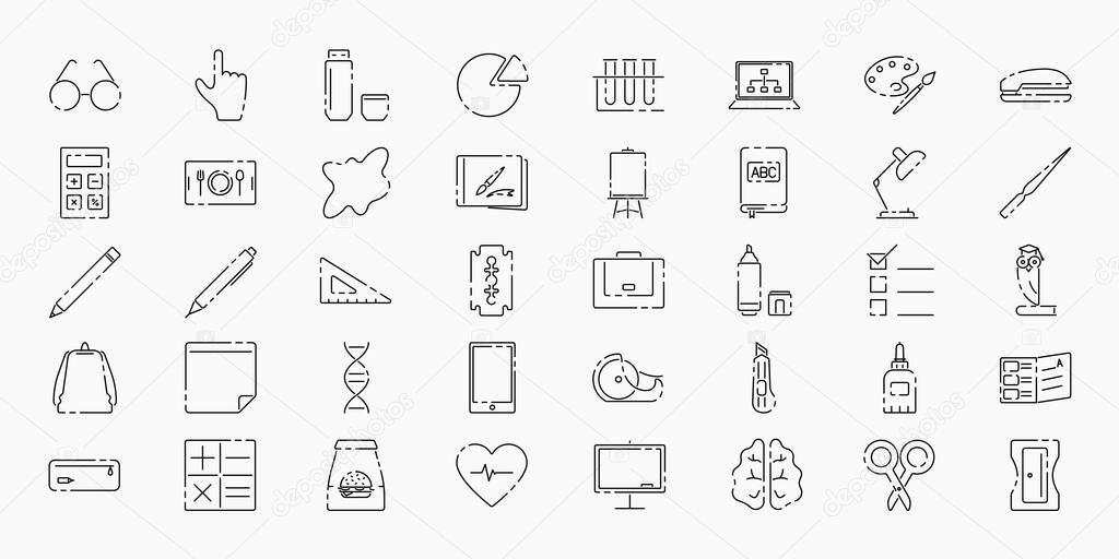 School set of linear icons. Study, science, school, university, distance learning, e-learning sign. Vector illustration for design, website, advertising. School concept