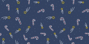 Yıldız ve şeker kamışı. Yeni yıl pürüzsüz. Noel vektör illüstrasyonu. Paket kağıdı, tasarım, kartpostal, kumaş, bebek kıyafetleri, bebek odası. Noel ve Yeni Yıl kavramı