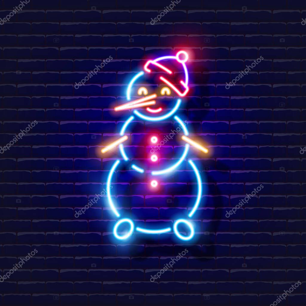 Snowman Neon Sign. Winter decor glowing icon. New Year and Christmas concept. Vector illustration for design