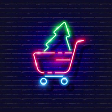 Yeni Yıl Alışveriş Neon Tabelası. Noel ağacı teslimatı simgesi parlıyor. Marketteki Noel ağacı. Yeni yıl ve Noel konsepti. Tasarım için vektör illüstrasyonu