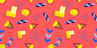 Tasarım için Memphis geometrik kusursuz desen elementleri. Web, satış, posterler, reklamlar, şablon, promosyon için vektör ilüstrasyonu