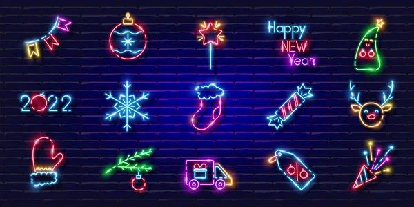 Nowy Rok Symbole Neon Zestaw Świecące Ikony Koncepcja Noworoczna Świąteczna — Wektor stockowy
