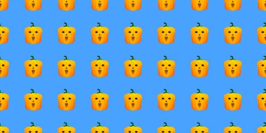 Cadılar Bayramı balkabağı pürüzsüz deseni. Mavi arka planda şenlikli balkabağı. Tasarım, davetiye, ambalaj kağıdı, afiş, reklam, promosyon için vektör illüstrasyonu. Cadılar Bayramı konsepti