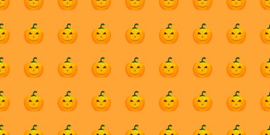 Cadılar Bayramı balkabağı pürüzsüz deseni. Turuncu arka planda şenlikli balkabağı. Tasarım, davetiye, ambalaj kağıdı, afiş, reklam, promosyon için vektör illüstrasyonu. Cadılar Bayramı konsepti