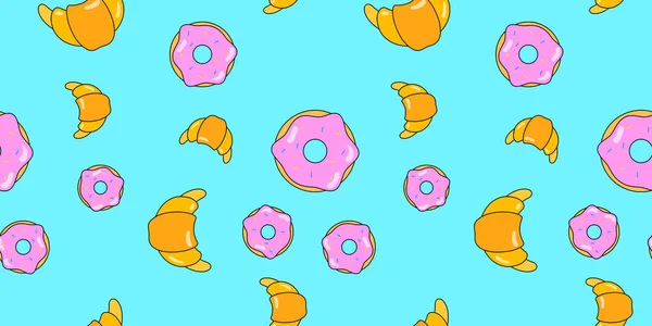 Donuts Croissant Patrón Sin Costura Fondo Vectorial Pasteles Dulces Para — Vector de stock