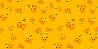 Cadılar Bayramı balkabağı pürüzsüz deseni. Turuncu arka planda şenlikli balkabağı. Tasarım, davetiye, ambalaj kağıdı, afiş, reklam, promosyon için vektör illüstrasyonu. Cadılar Bayramı konsepti