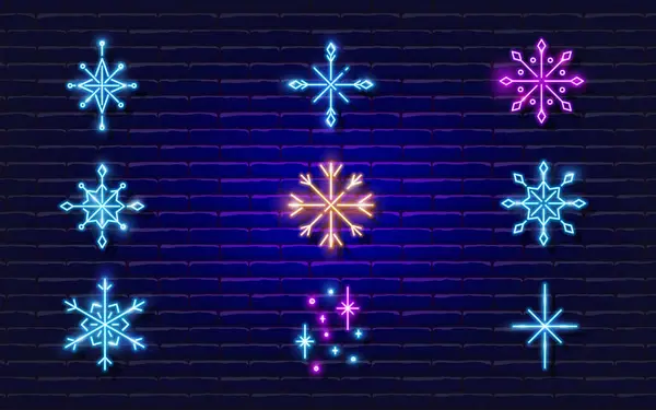 スノーフレークネオンサインセット クリスマスの雪の結晶のアイコンを光る 新年とクリスマスのコンセプト デザインのためのベクトルイラスト — ストックベクタ