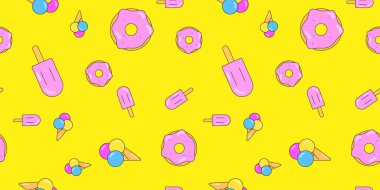 Donut ve dondurma pürüzsüz desen. Tasarım için tatlı hamur işlerinin vektör arkaplanı. Hamur işi kavramı