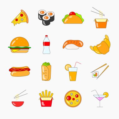 Fast Food renkli ikon seti. Düz Vektör çizim çizgisi simgeleri mobil, web ve menü tasarımı için ayarlandı. Yiyecek konsepti