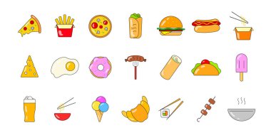 Fast Food renkli ikon seti. Düz Vektör illüstrasyon Pizza, patates kızartması, shawarma, burger, tasarım için sosisli sandviç. Sokak Gıda