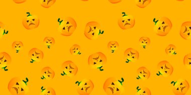 Cadılar Bayramı balkabağı pürüzsüz deseni. Turuncu arka planda şenlikli balkabağı. Tasarım, davetiye, ambalaj kağıdı, afiş, reklam, promosyon için vektör illüstrasyonu. Cadılar Bayramı konsepti