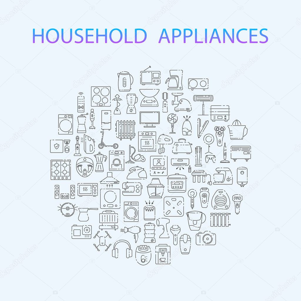 Household appliances outline icons set. Vector illustration for design. Refrigerator, microwave oven, air conditioner, stove, vacuum, mixer, coffee machine, meat grinder, heating system.