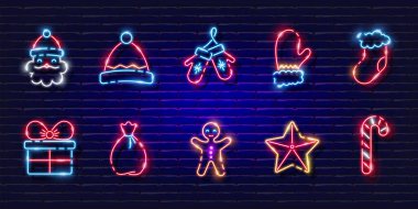 Yeni yıl sembolleri neon seti. Parlayan ikonlar. Yeni yıl ve Noel konsepti. Tasarım için vektör illüstrasyonu