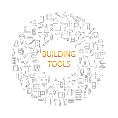 İnşa araçları simgesi seti. İnşaat araçları doğrusal işaretler. İnşaat ve yenileme konsepti