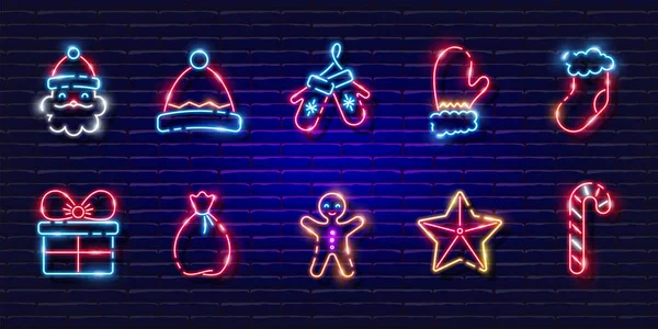 Nowy Rok Symbole Neon Zestaw Świecące Ikony Koncepcja Noworoczna Świąteczna — Wektor stockowy