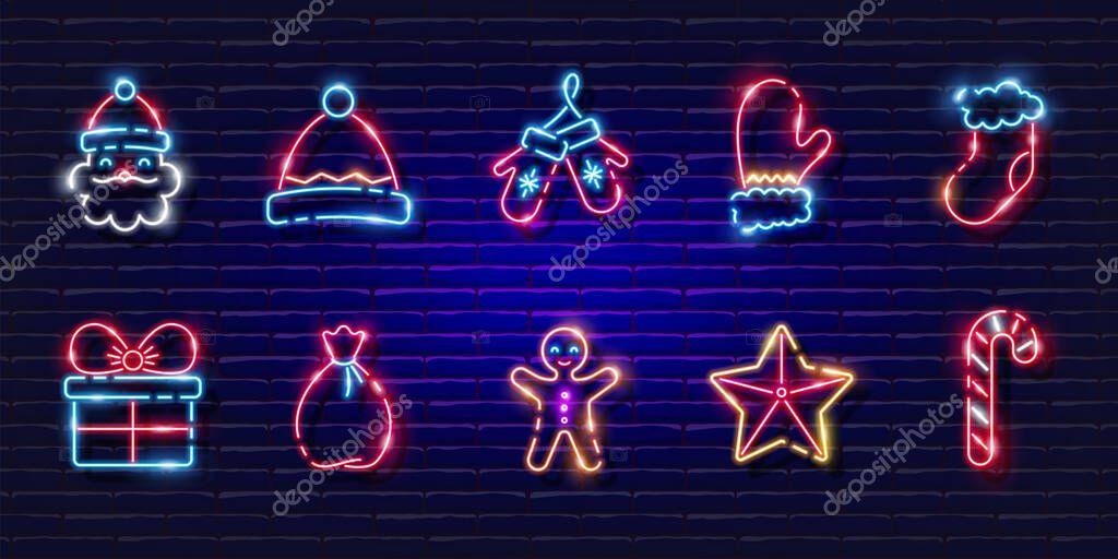 New year symbols neon set. Glowing icons. New Year and Christmas concept. Vector illustration for design