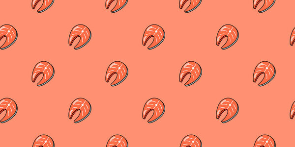 Salmon steak seamless pattern. Vector background for design. Food concept