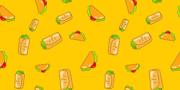 Shawarma Patrón Sin Costuras Tacos Vector Fondo Comida Rápida Para — Vector de stock