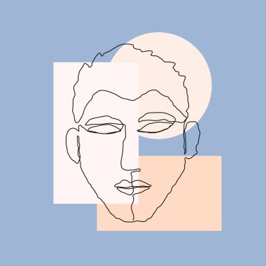 Poster çizgisi, yaprak suratlı adam. Tek sıra çizim tarzı. Tasarım kıyafetleri, kart, not defteri, poster için vektör illüstrasyonu