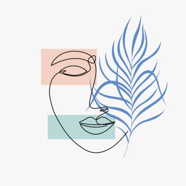 Poster kuyruğundaki yaprak suratlı kadın. Tek sıra çizim tarzı. Tasarım kıyafetleri, kart, not defteri, poster için vektör illüstrasyonu