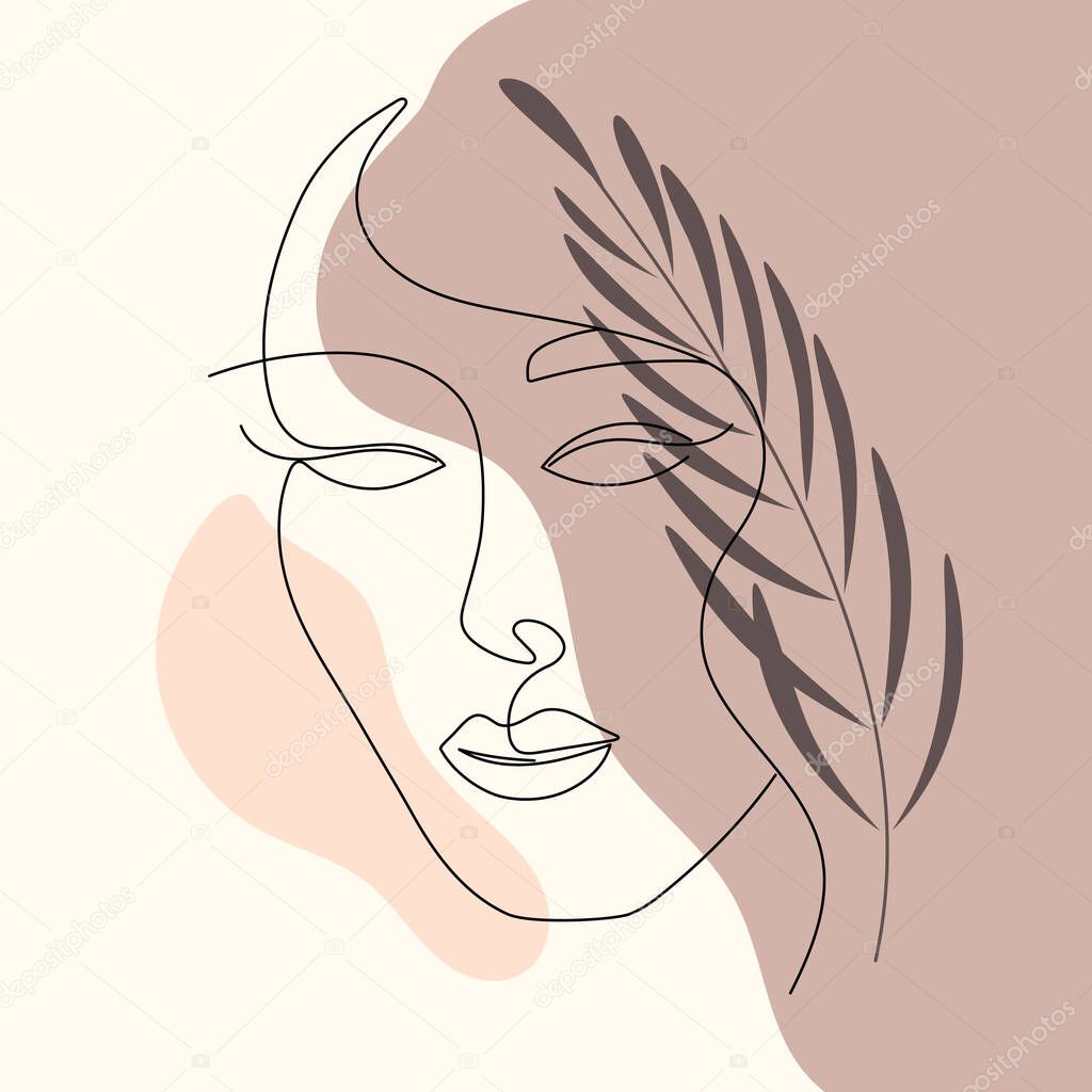 Poster line woman face with leaf. One-line drawing style. Vector illustration for design clothes, card, notepad, poster